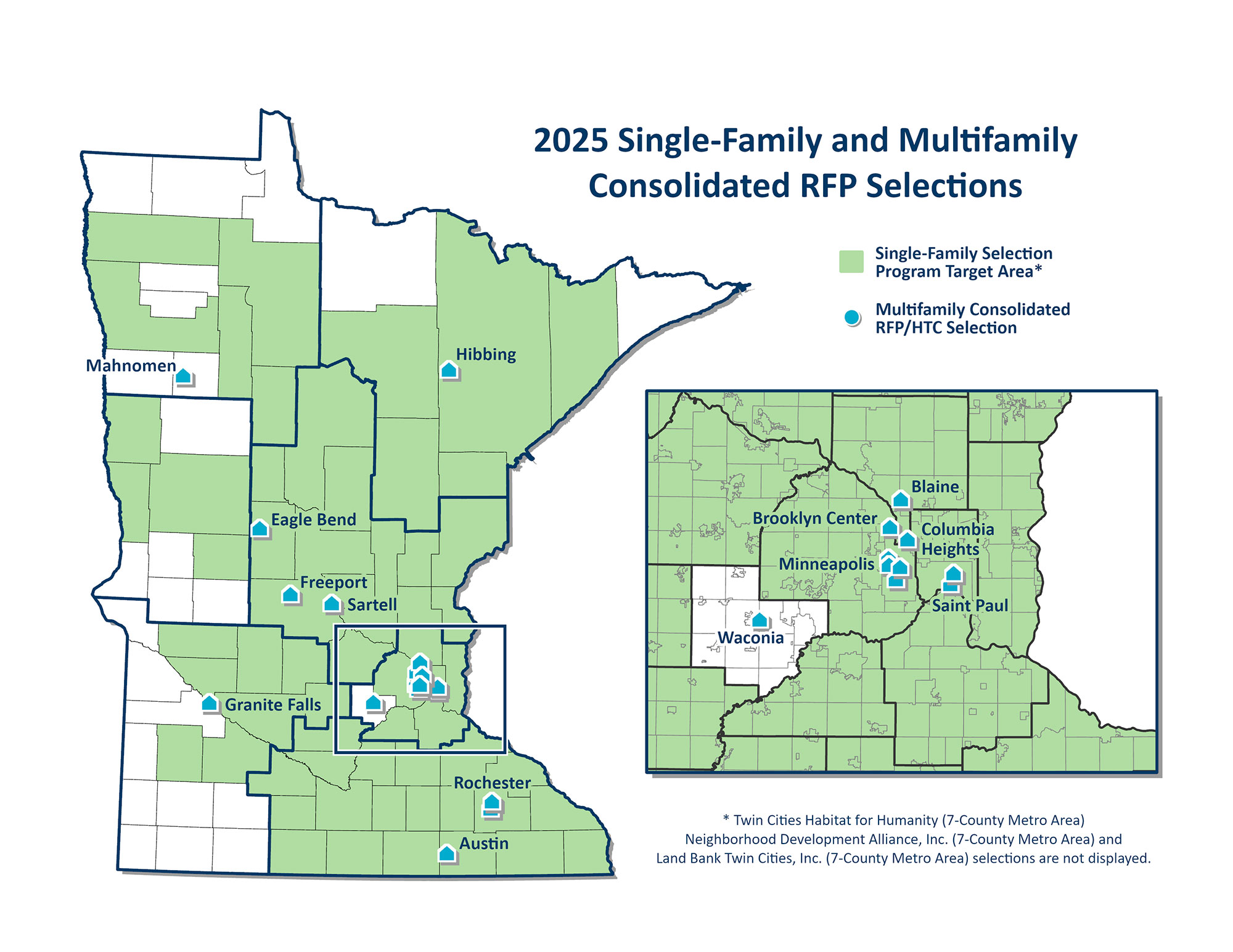 Minnesota map with single family selection program areas shading much of the state and multifamily consolidated RFP/HTC selections sites marked 